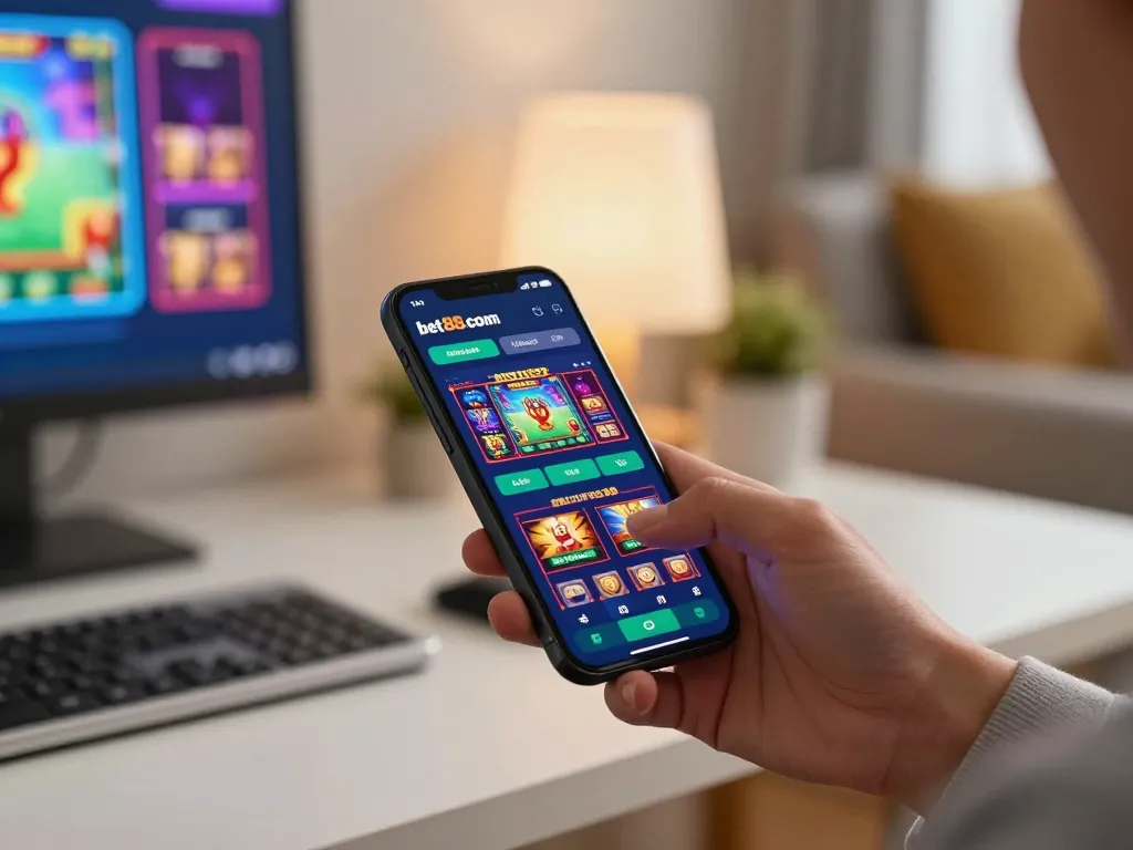 Engaging interaction with bet88com app on smartphone while playing casino games at home.