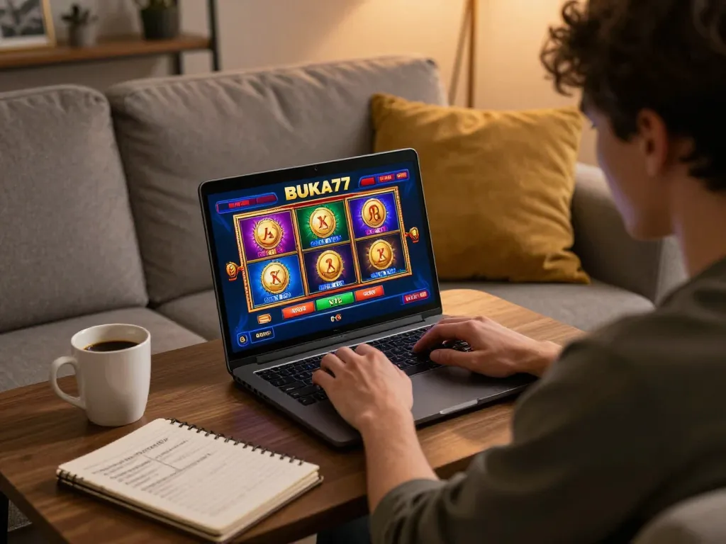 Play BUKA77 online slots while enjoying a cozy home atmosphere with strategic notes.