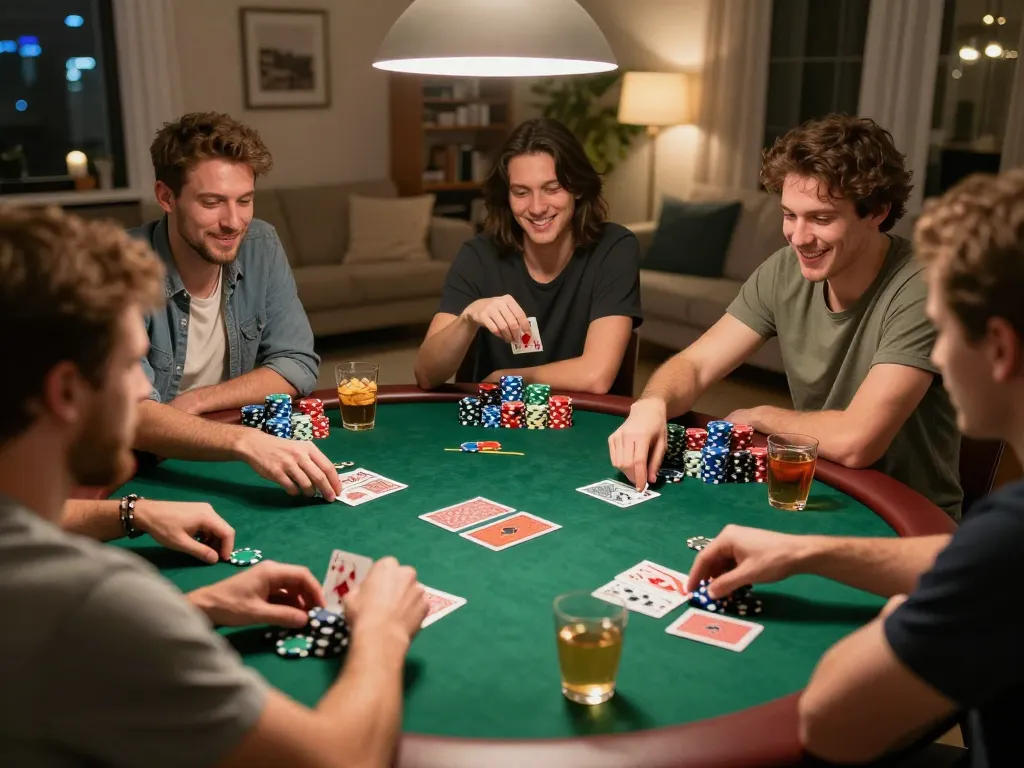 LOTO188 home poker night with friends celebrating a winning hand at a cozy table setup.