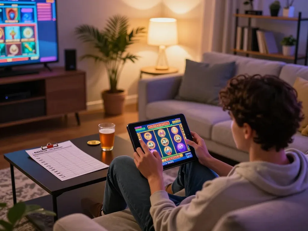Engaging user plays slot gacor on tablet in cozy home setting, showing success and strategy.