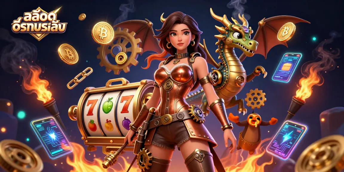 Engage in สล็อตทดลองเล่น with a captivating scene featuring a steampunk woman, a clockwork dragon, and vibrant casino elements.