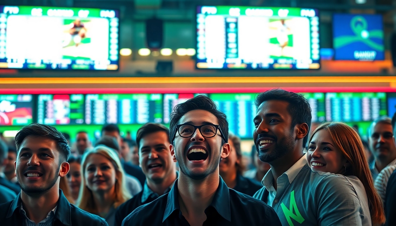 Engaging sports betting scene showcasing diverse bettors in a vibrant sportsbook environment.