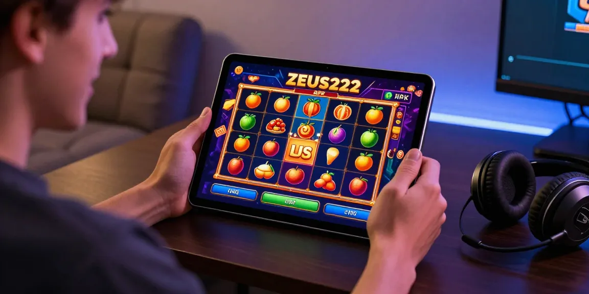 Engaged player enjoying the ZEUS222 apk slot on a tablet, showcasing vibrant gaming interface and joyful atmosphere.