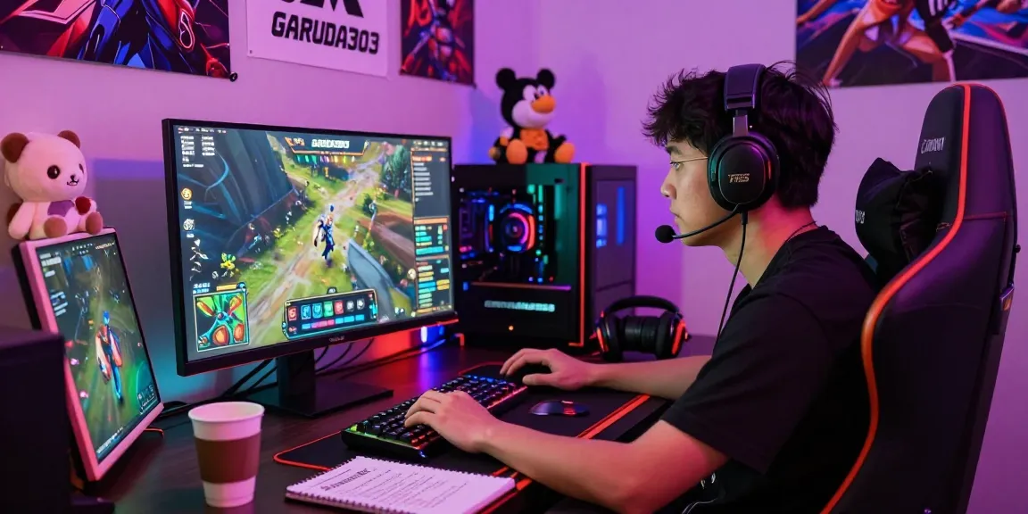 Gamer engaging with GARUDA303 online gaming platform in a colorful setup
