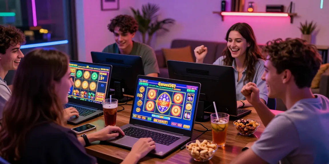 Friends enjoying garuda303 online slots together in a lively gaming setup