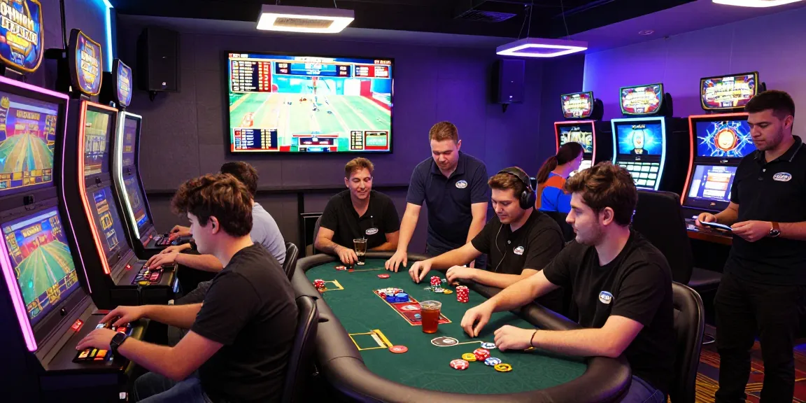 Excited players using Garuda303 slot machines in a vibrant gaming lounge.