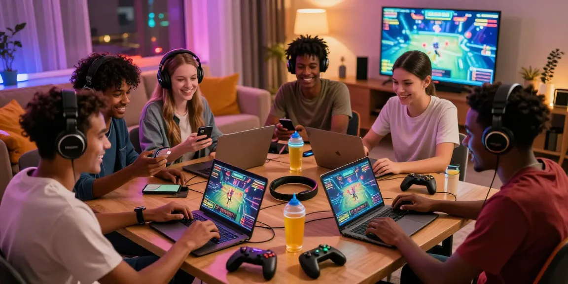 Excited players enjoying garuda303 online gaming experience in a vibrant living room atmosphere.