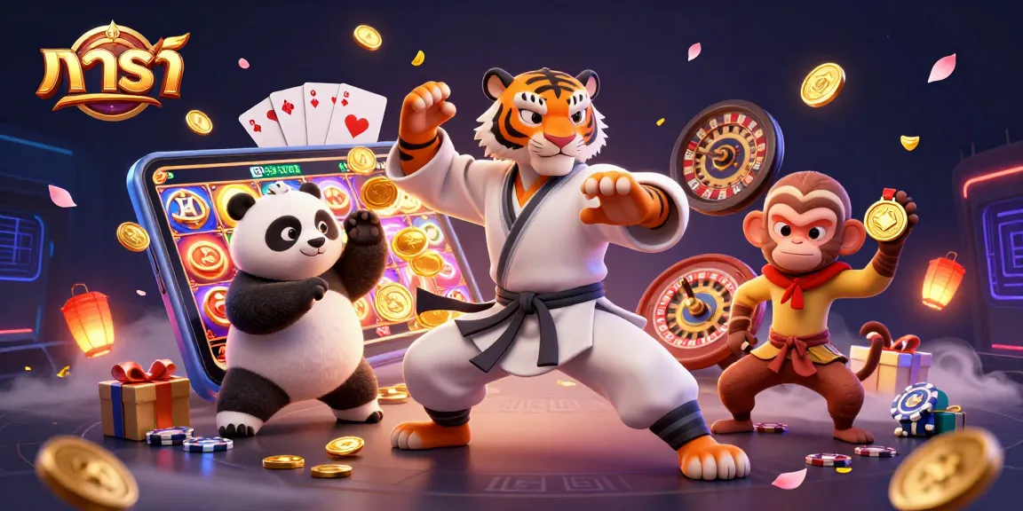 Engage in บาคาร่า while a kung fu tiger leads a colorful casino scene filled with excitement.