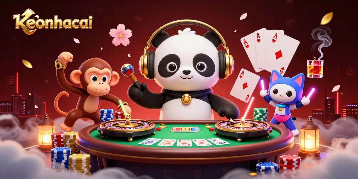 Experience keonhacai with a DJ panda, breakdancing monkey, and rave kitten in a vibrant casino scene.
