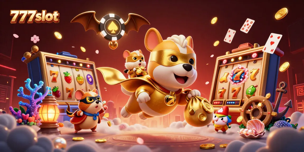 Slot 777slot menampilkan anjing superhero terbang dengan koin emas di tengah latar belakang kasino yang cerah.