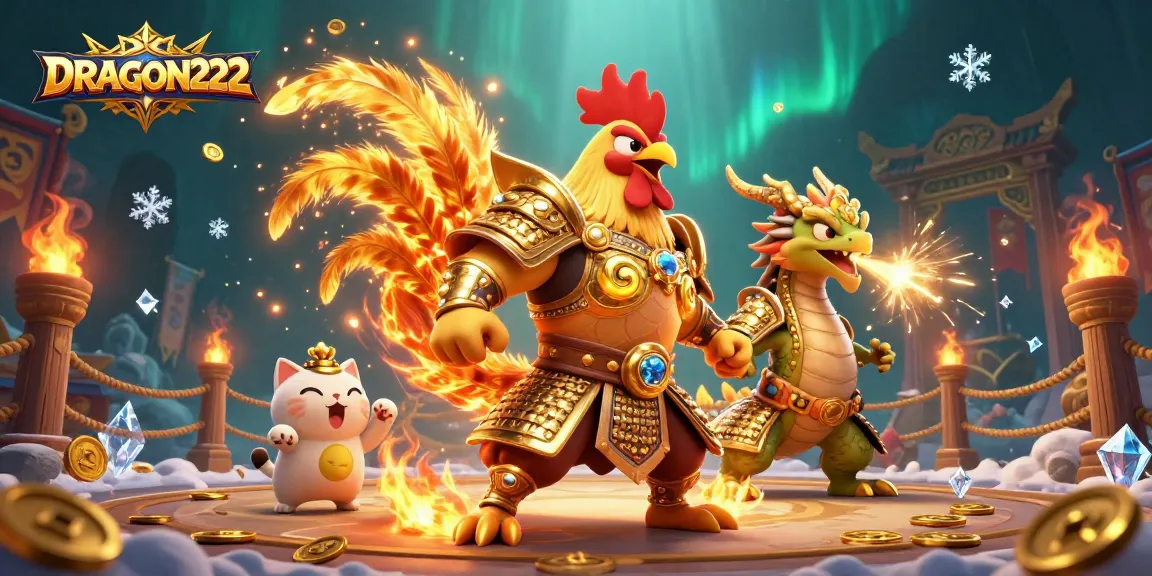 Join the excitement at DRAGON222 with a dynamic illustration of a warrior rooster and dragon hatchling fighting in a vibrant arena.