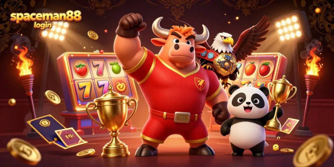 Experience slots excitement with spaceman88 login, featuring a bull mascot and golden trophy.