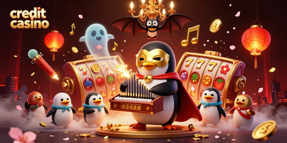 Engage with the vibrant credit card casino scene featuring a penguin organist amidst slot games and celebratory elements.