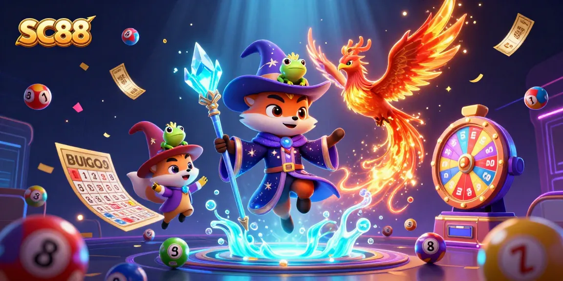 SC88 showcases a vivid 3D casino world with a wizard fox, phoenix, and lottery elements.
