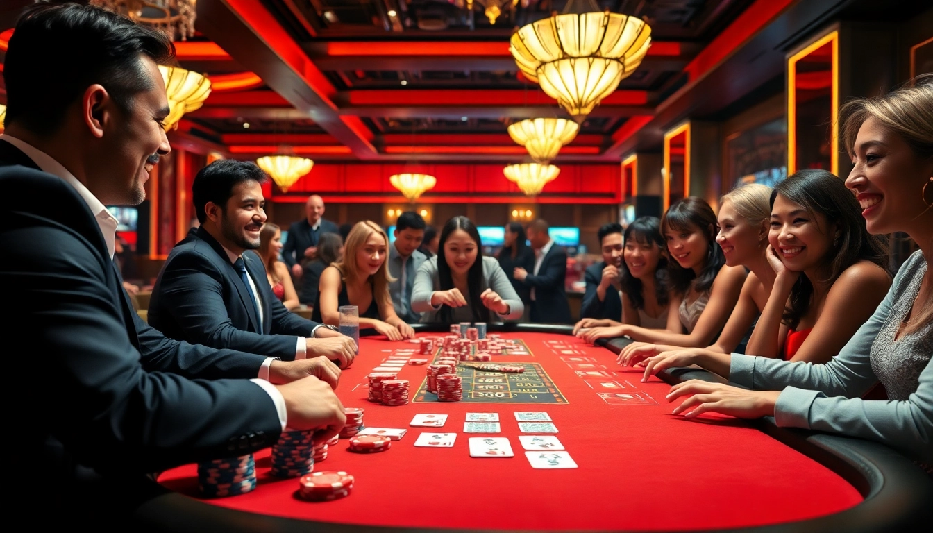 Situs toto dengan meja judi yang ramai dan penuh warna di kasino.