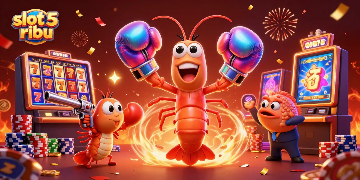 Spin to win at slot 5 ribu with vibrant slot reels and lively 3D shrimp characters.