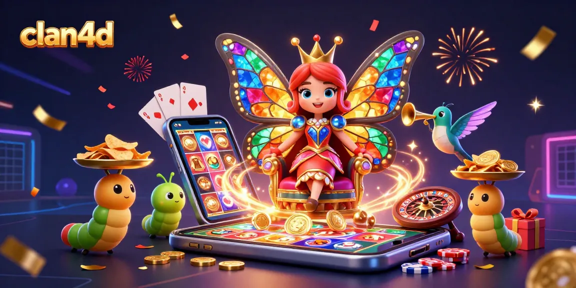 Experience clan4d's vibrant casino magic with this engaging illustration of a butterfly queen and game elements.
